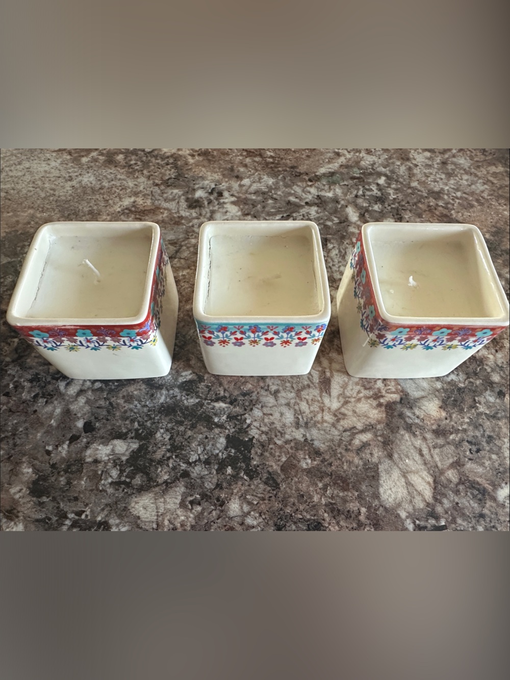 NATURAL LIFE Floral Trim Square Ceramic Candle Holders - Cream, Red, Blue